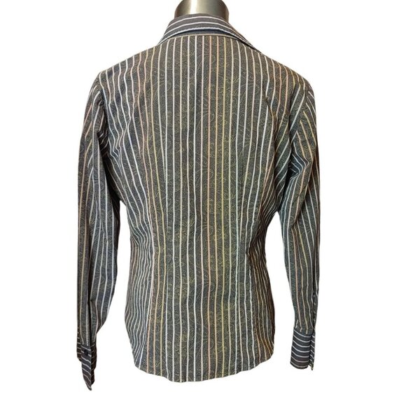 O SHIRT Womens Brown Tan Striped Long Sleeve Button Up Shirt Top - Picture 2 of 3